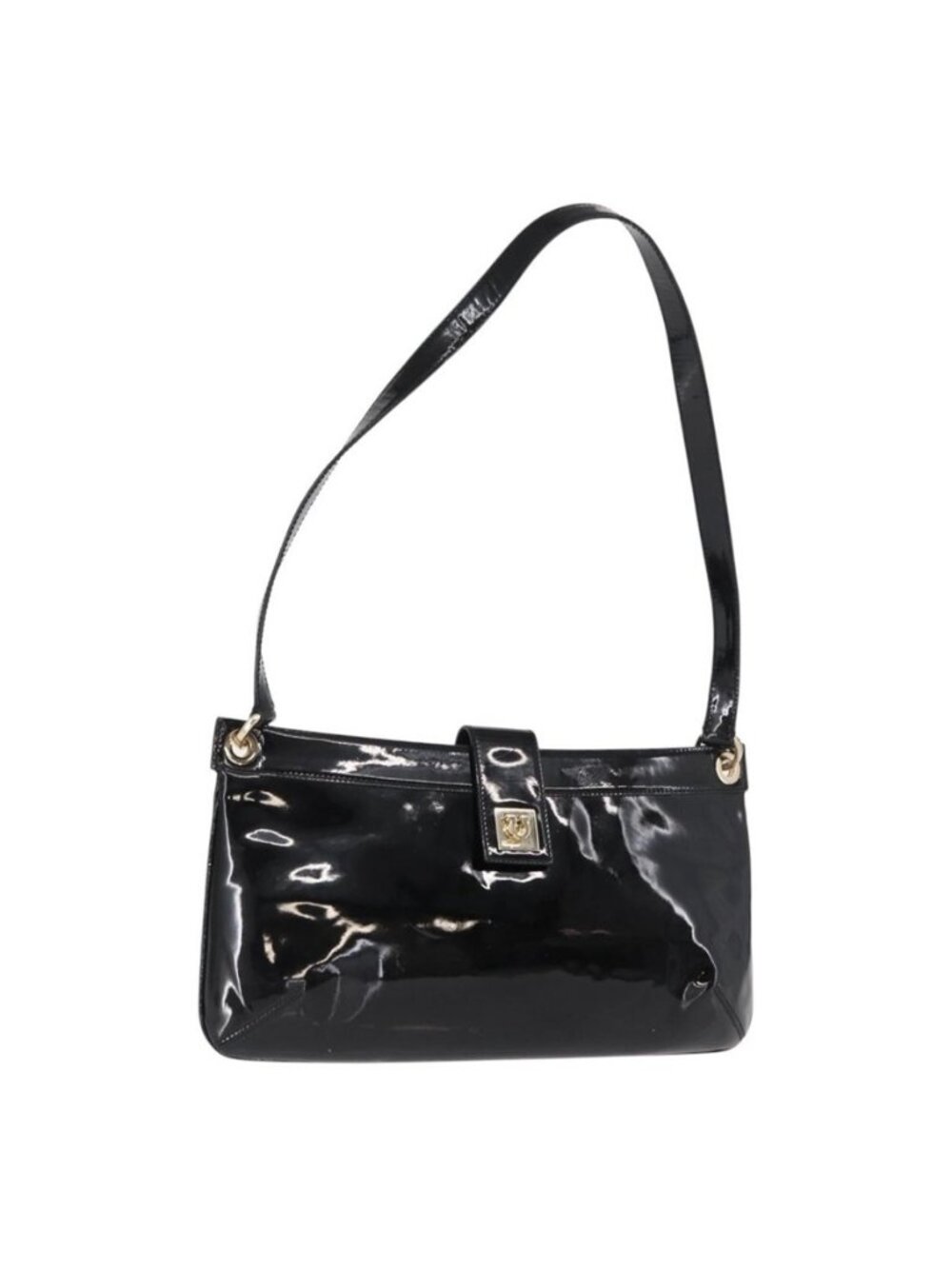 Authentic Salvatore Ferragamo Gancini Shoulder Bag Enamel Black Gold